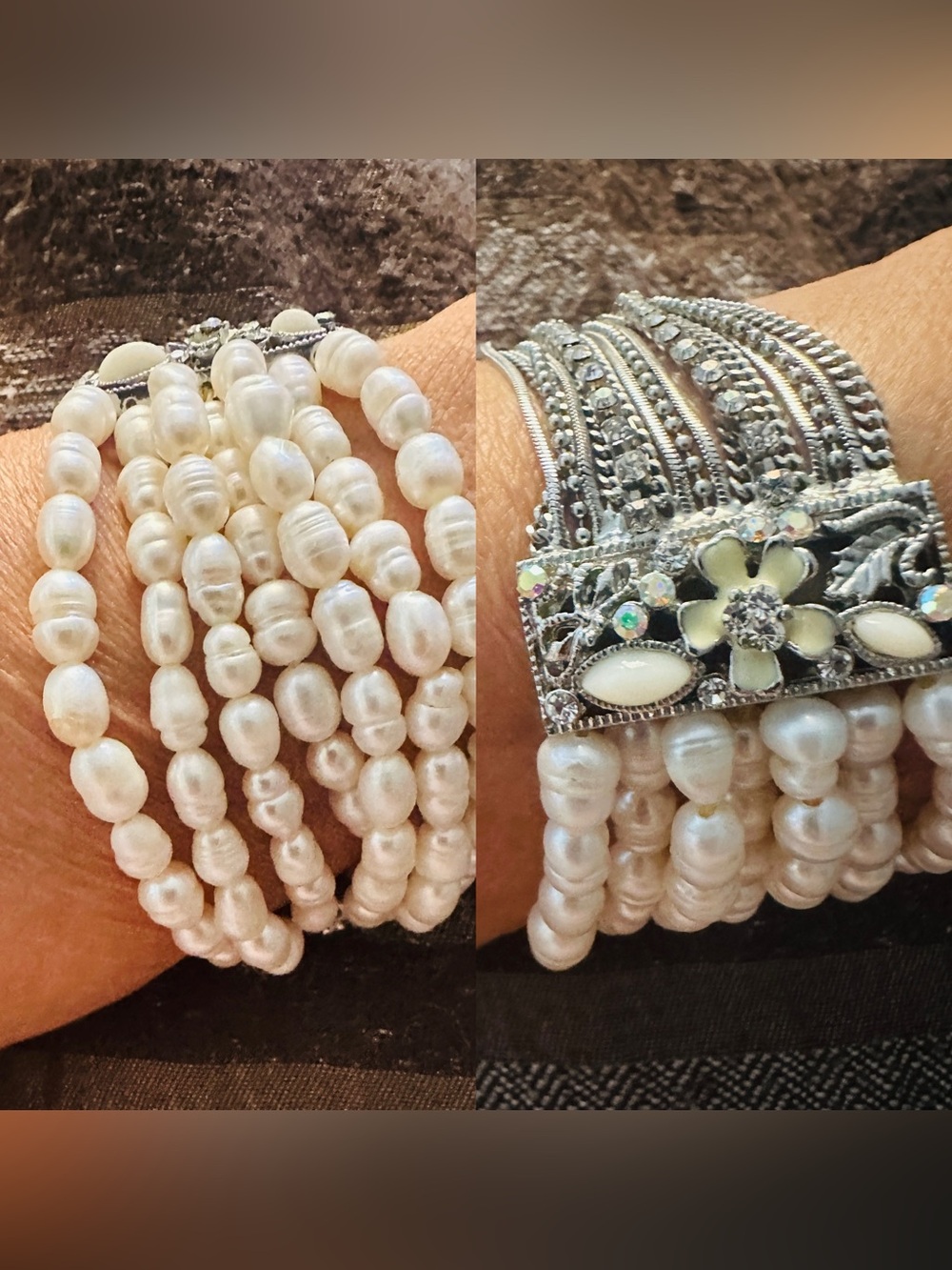 Bracelet Cuff Vintage Baroque Pearl and Rhinestone Multi Strand Chain  Silver